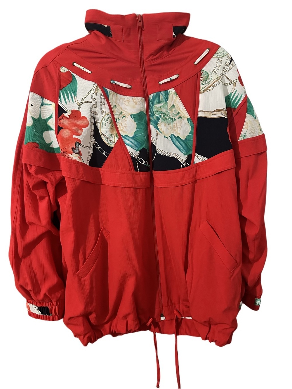 Vintage TanJay Red White Green Floral Layered-Neckline Zip Polyester Jacket Sz L